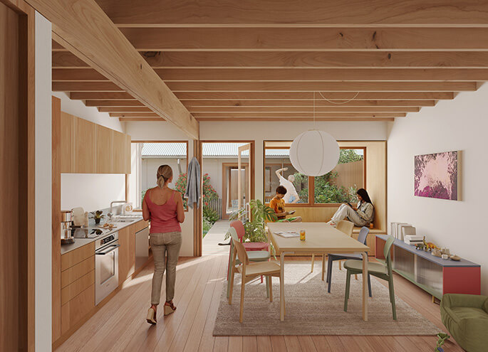 Terraces 04 design by Other Architects x NMBW render of dining room with windows to landscaped garden. Credit: Choi Render