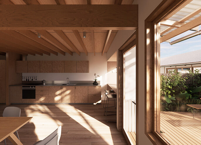 Terraces 04 design by Other Architects x NMBW render of interior view using traditional materials. Credit: Other Architects x NMBW