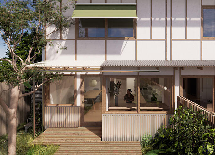 Terraces 04 design by Other Architects x NMBW render of courtyard view surrounded by greenery. Credit: Other Architects x NMBW