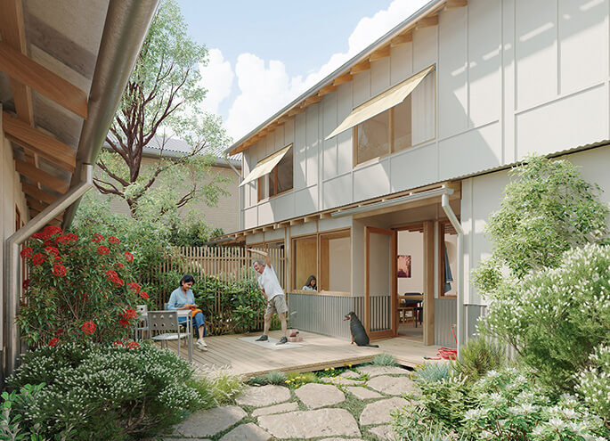 Terraces 04 design by Other Architects x NMBW render of garden view and landscaped area. Credit: Choi Render