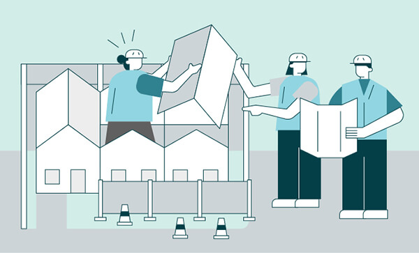 Illustration of people moving parts of a home design. Credit: Felix Saw