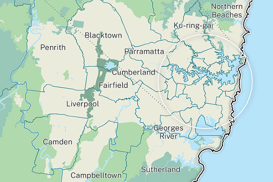 Zoomed into Greater Sydney Districts map.