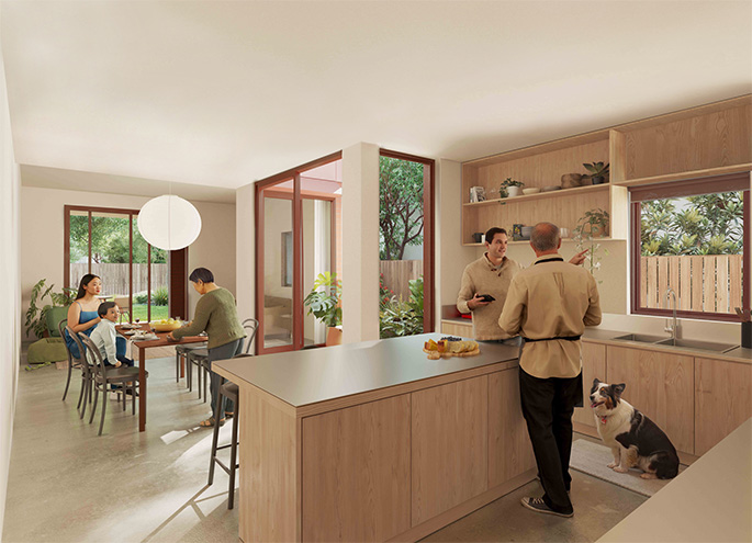 Semis 02 by Sibling Architecture view from kitchen into dining room and window showing the central courtyard. Credit: Sibling Architecture