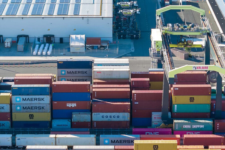 A group of containers in a port.