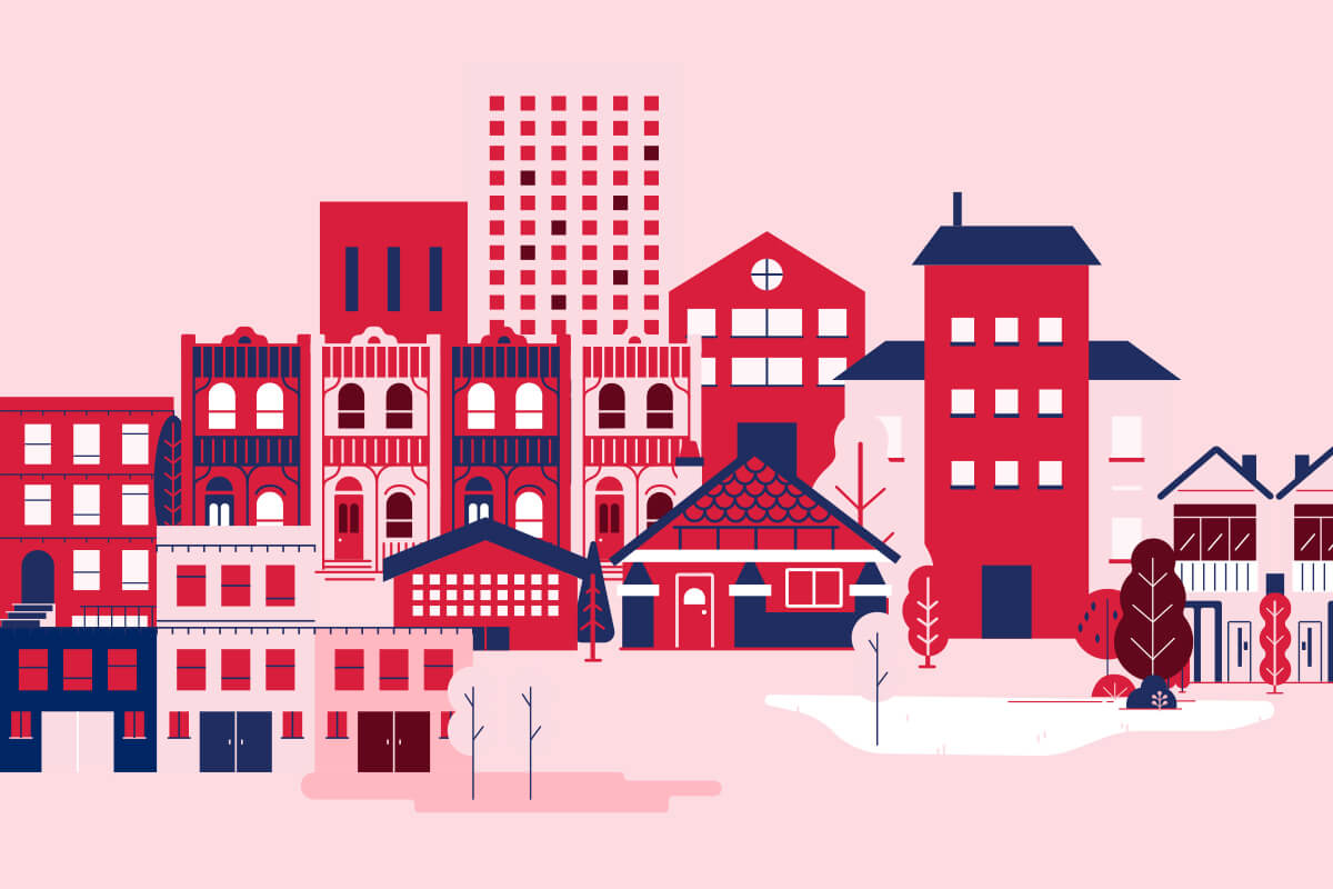 Colorful illustration showing various buildings in a lively urban environment.
