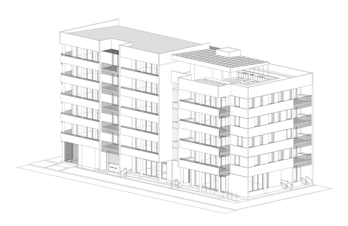 Axonometric section of the Corner Lot Apartments 02 Spacecraft Architects