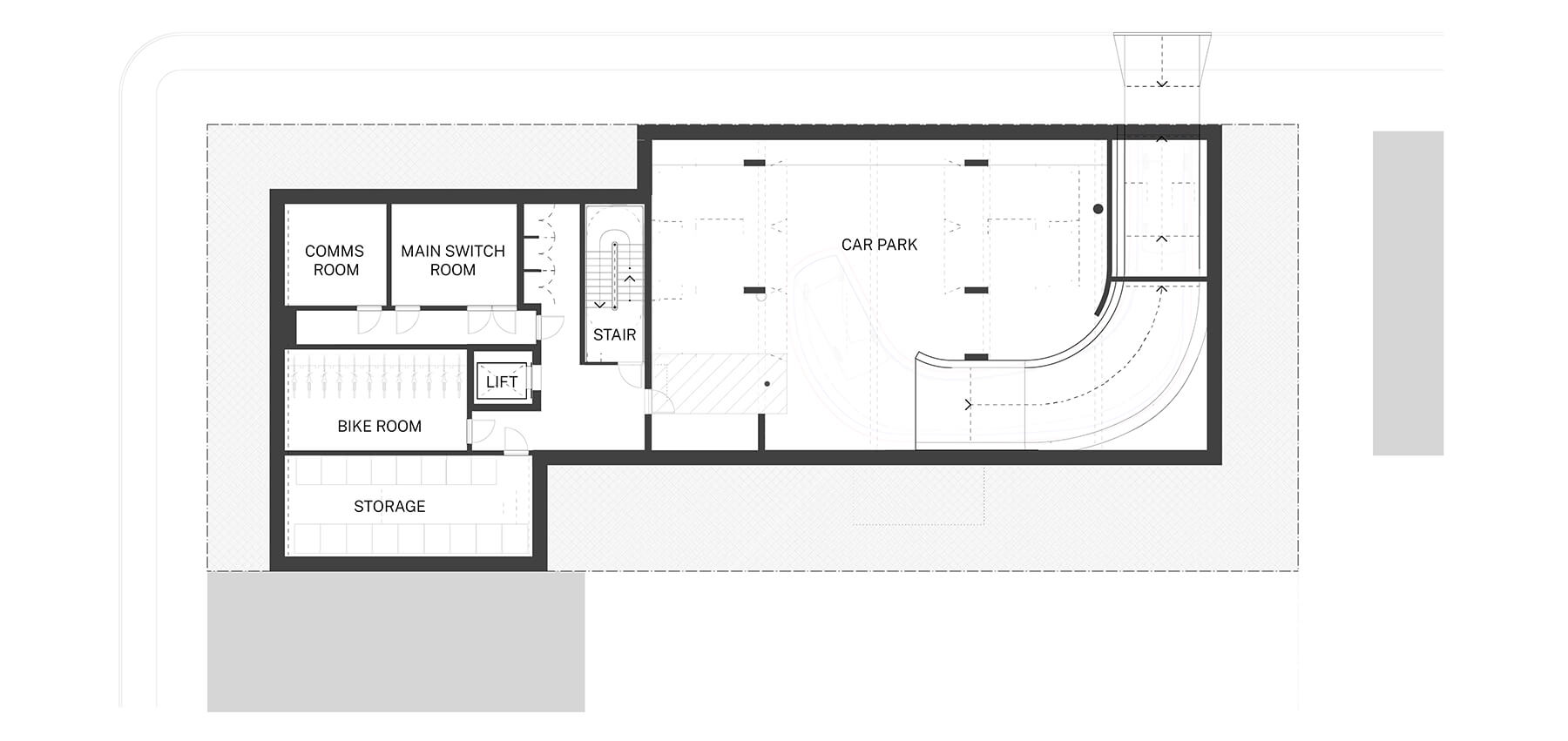 Architectural drawing of the basement plan with parking.