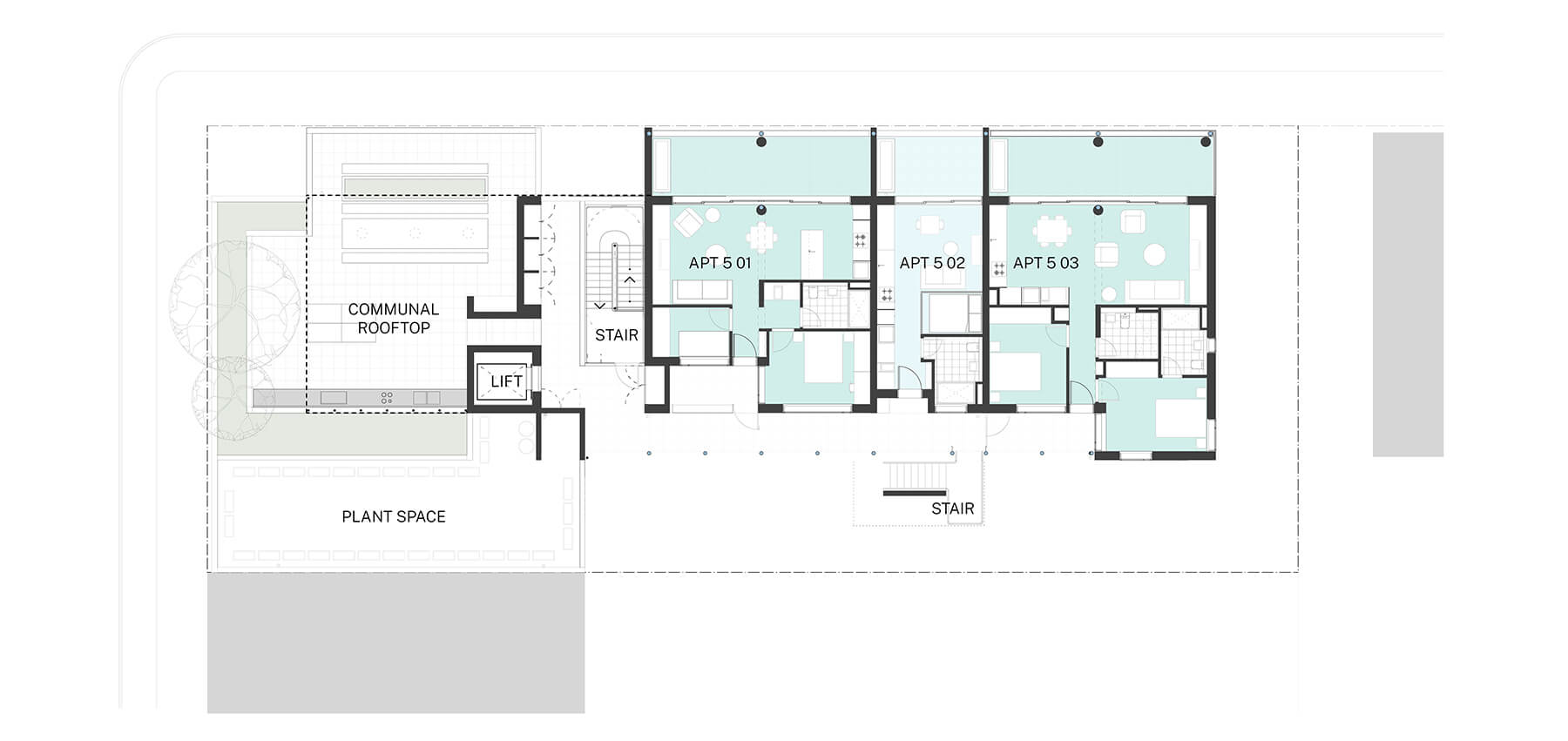 Architectural drawing of the fifth floor plan with communal area and 3 apartments.