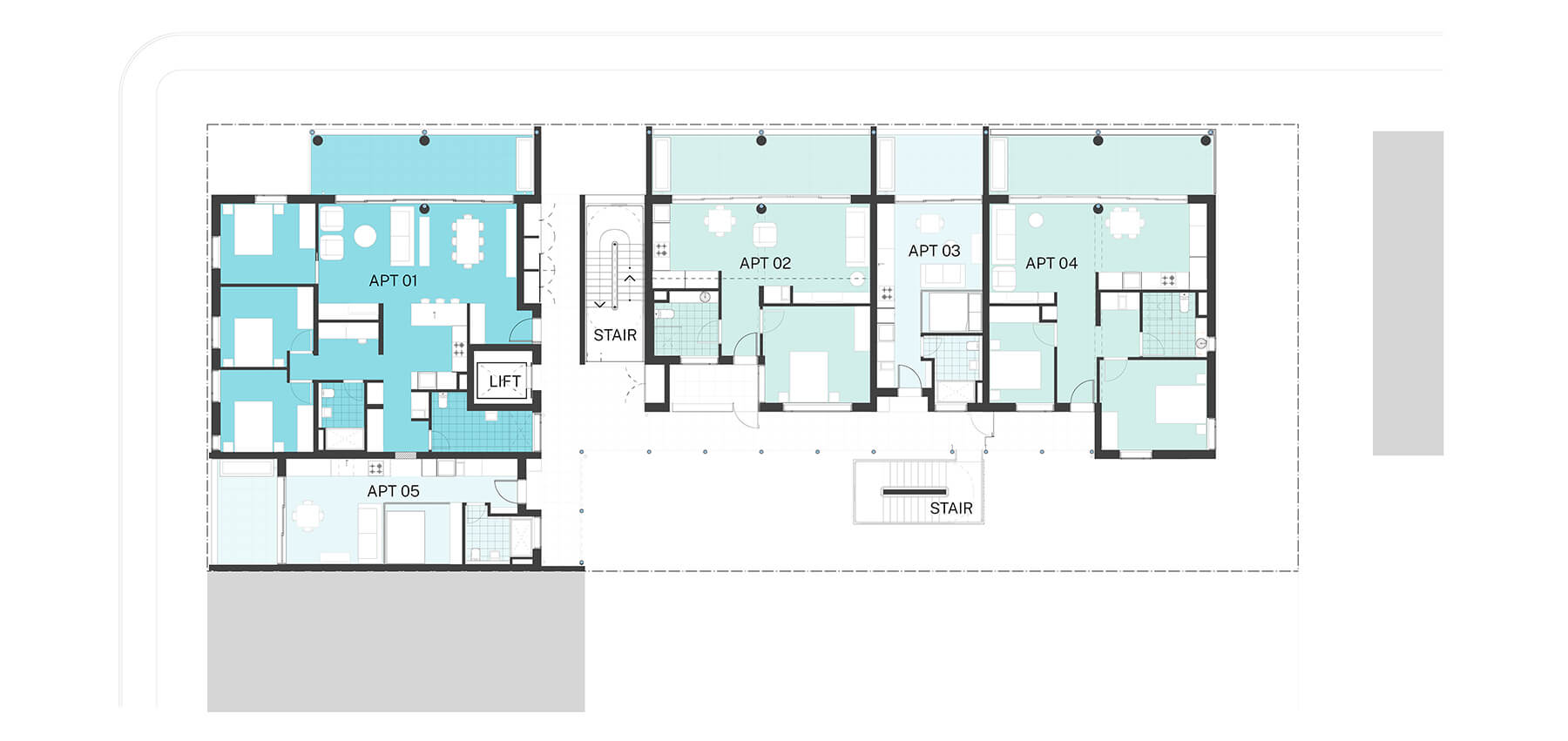 Architectural drawing of the first floor plan with 5 apartments.