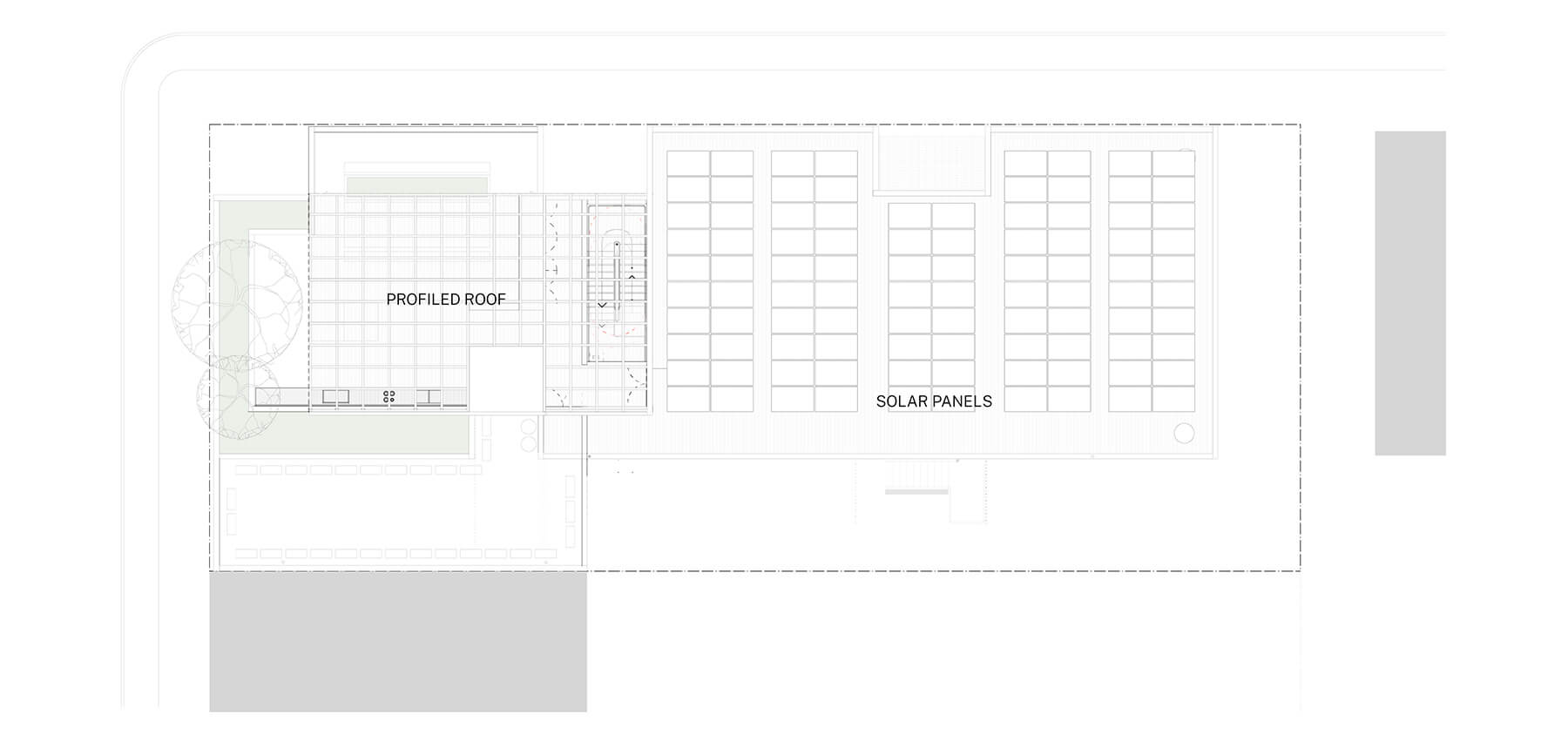 Architectural drawing of the roof plan with solar panels.