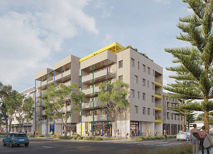 Angled street view of 6 storey apartment  with tree in foreground and people interacting on the exterior of the ground floor. 
