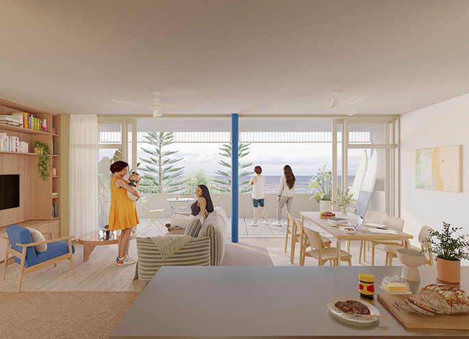 View from living room into the kitchen with three adults talking and one child reading a book at the kitchen island. 