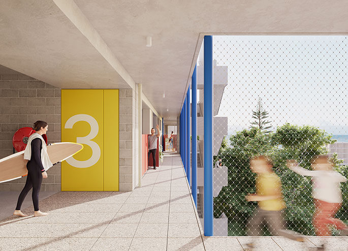 View of sheltered communal area with people interacting and plants in background.
