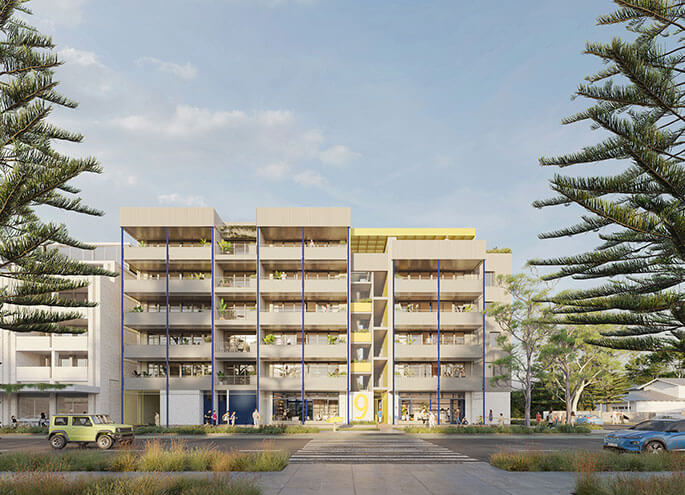 Street view of 6 storey apartment with people interacting on each storey.