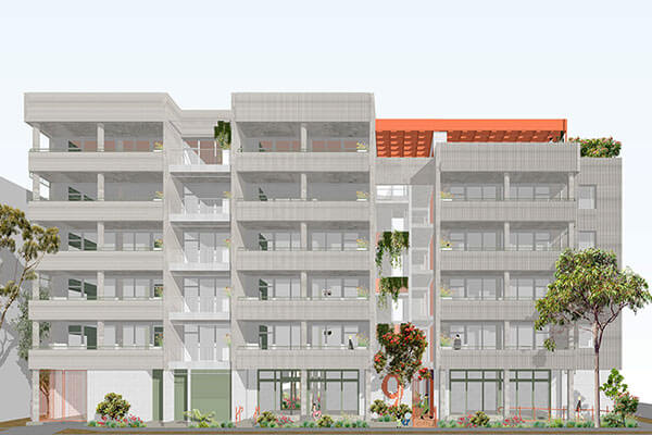 Street view of 6 storey apartment with sage green metal cladding.