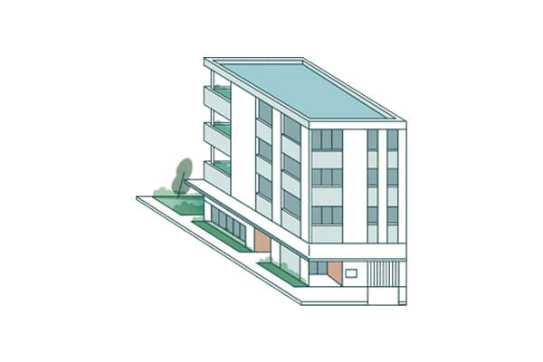 Illustration of corner lot apartments in shades of teal, grey and green.