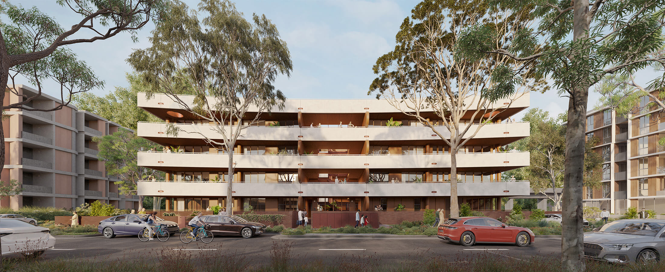 Street view of 5 storey apartment with people interacting on each storey and cars on the road in the foreground.