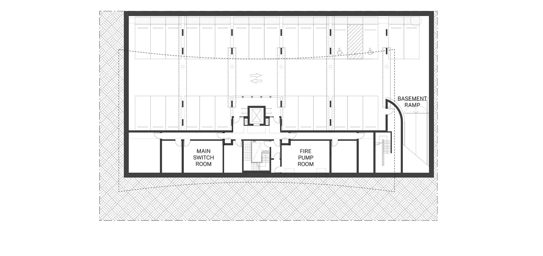Architectural drawing of the basement plan with parking.