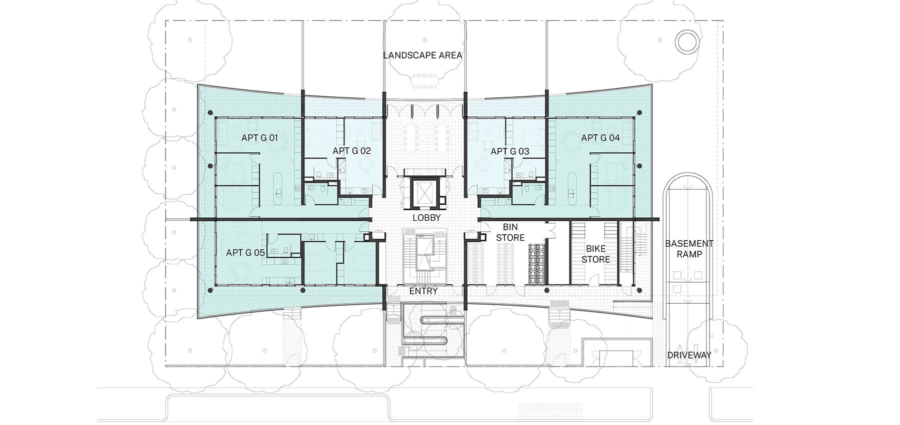 Architectural drawing of the ground floor plan including basement ramp to underground parking. 