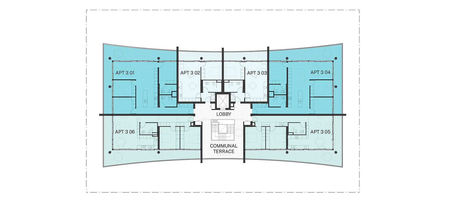 Architectural drawing of the third floor plan with 6 apartments and a communal terrace. 