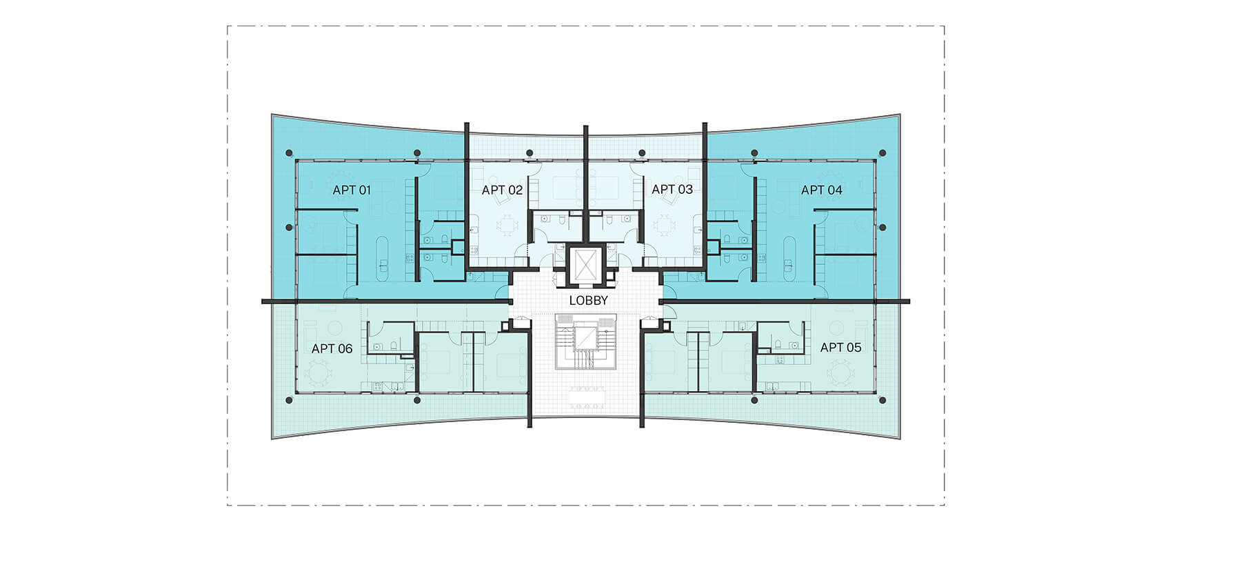 Architectural drawing of the typical floor plan with 6 apartments.