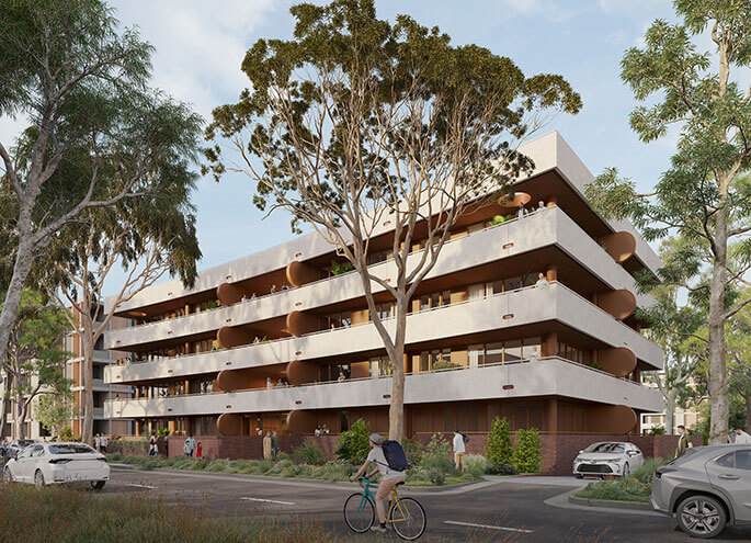 Angled street view of 5 storey apartment with people interacting on each storey and cars on the road in the foreground.