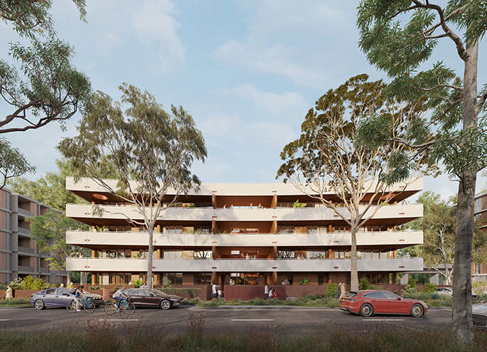 Street view of 5 storey apartment with people interacting on each storey and cars on the road in the foreground.