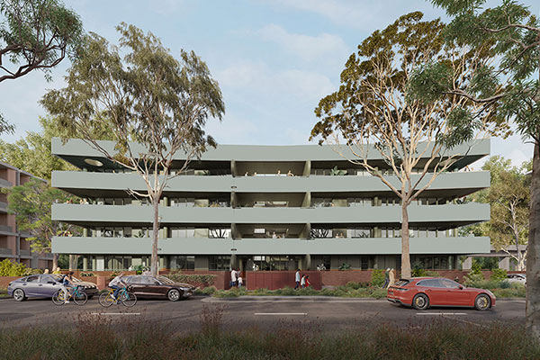Street view of 6 storey apartment with light sage green masonry.