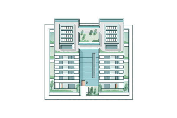Illustration of large lot apartments in shades of teal, grey and green.