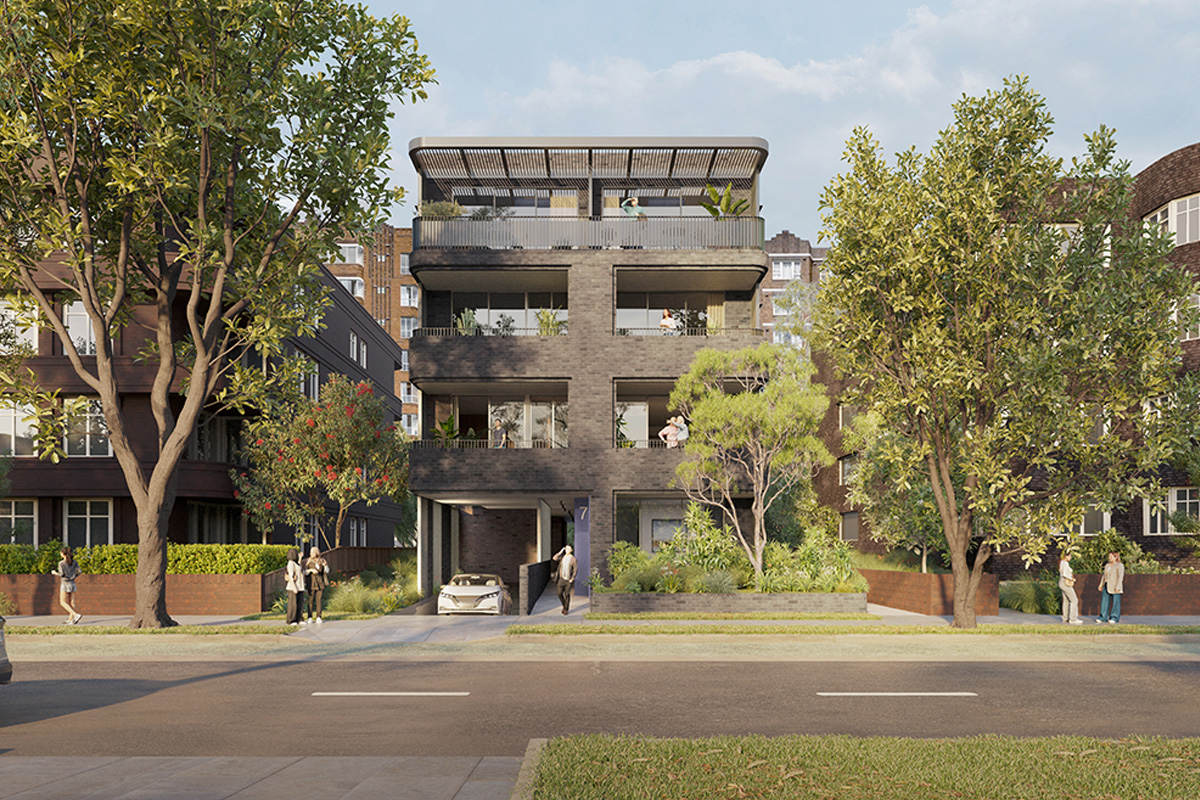 Street view of 4 storey apartment  with two apartment blocks on left and right.