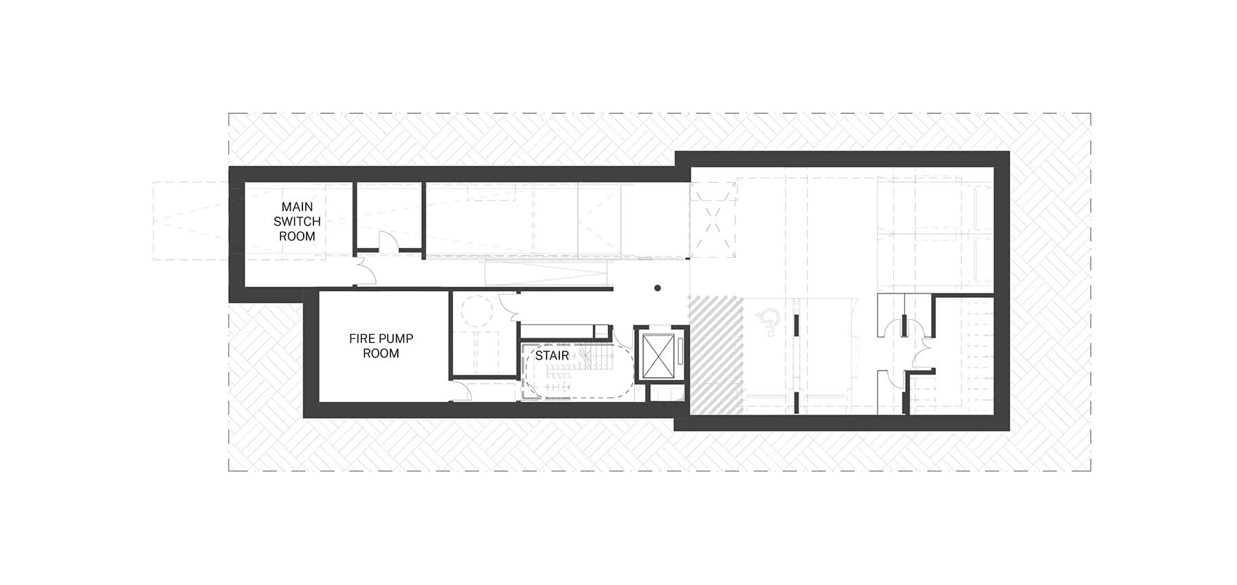 Basement plan of the Small lot apartments 01 by Collins and Turner.