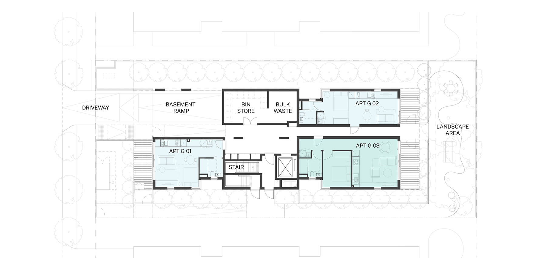 Ground plan of the Small lot apartments 01 by Collins and Turner.