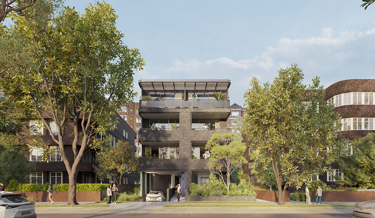 Street view of 4 storey apartment  with two apartment blocks on left and right. Image credit: Choi Render