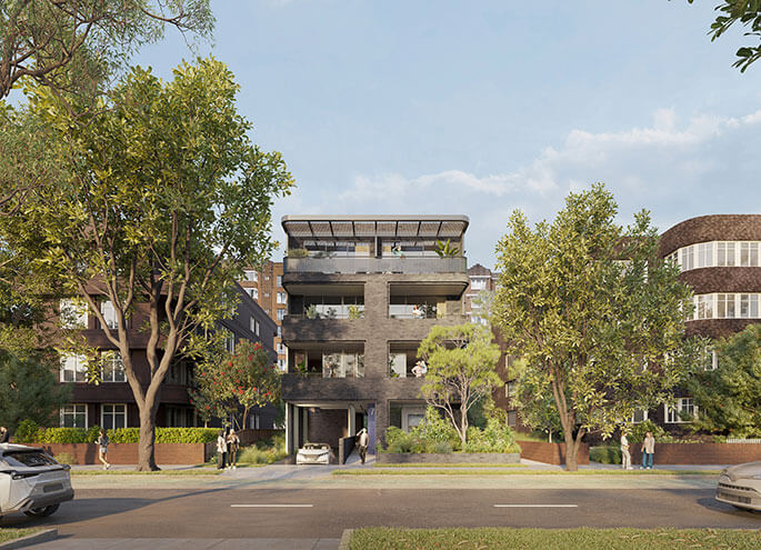Street view of 4 storey apartment  with two apartment blocks on left and right. 