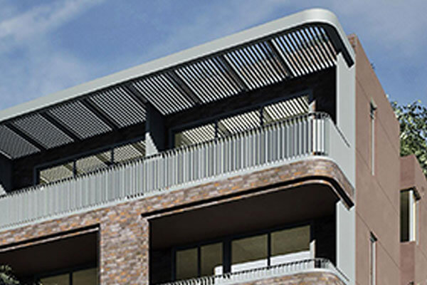 Close up image of the metal balustrades, screens and awnings. 