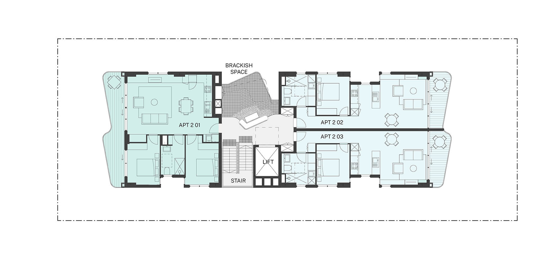 Architectural drawing of the second floor plan with highlight over the different bedroom types.