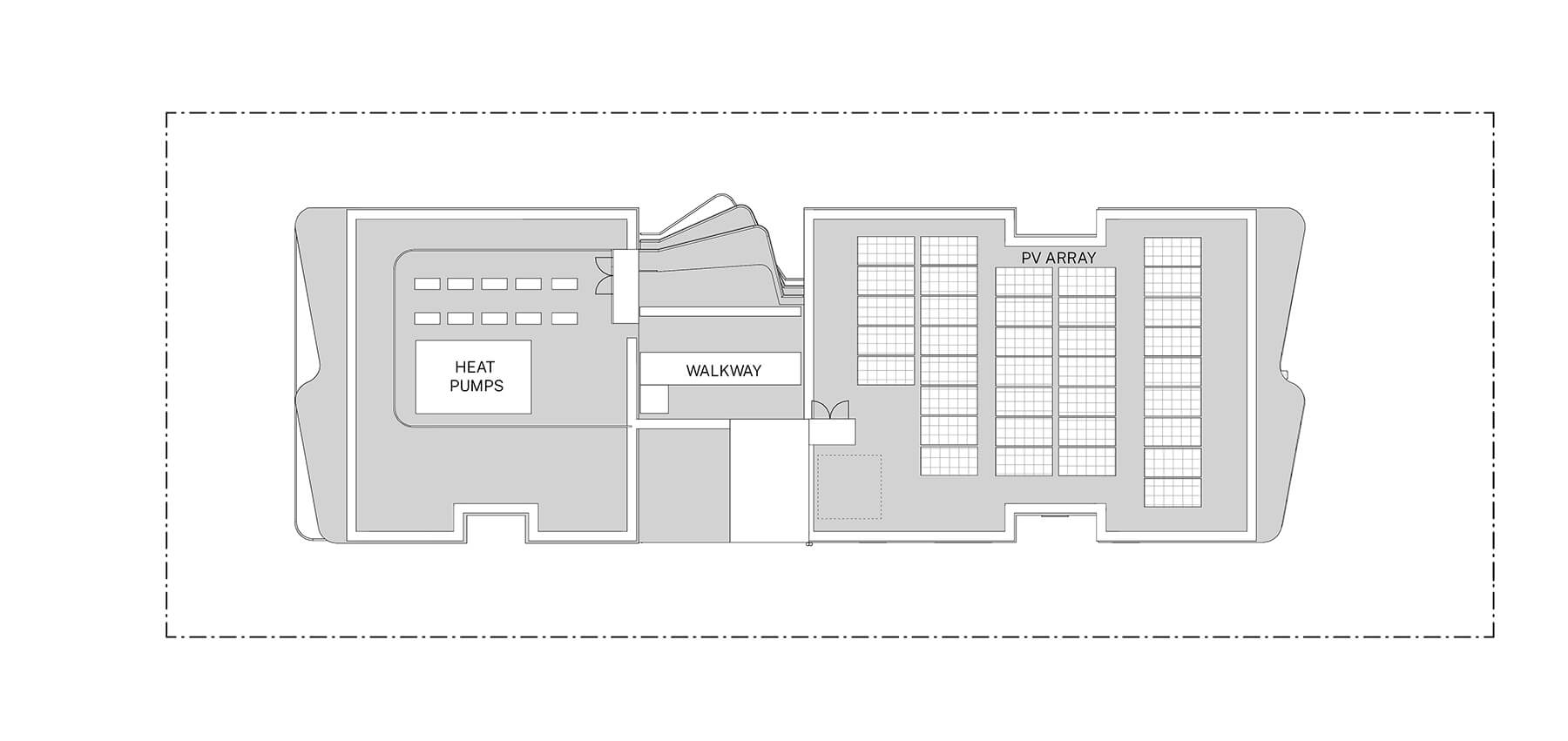 Architectural drawing of the roof plan including solar panels. 