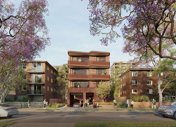 Street view of 4 storey apartment  with two apartment blocks on left and right. 