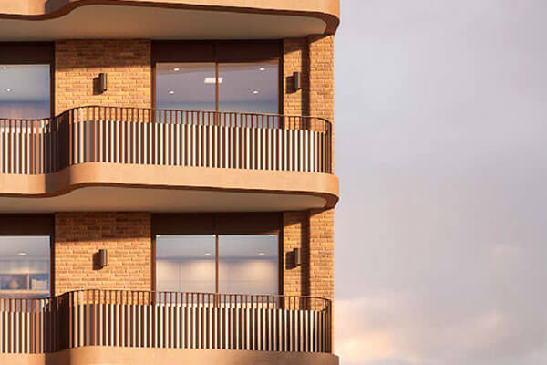 Close up image of the metal balustrades, screens and awnings. 