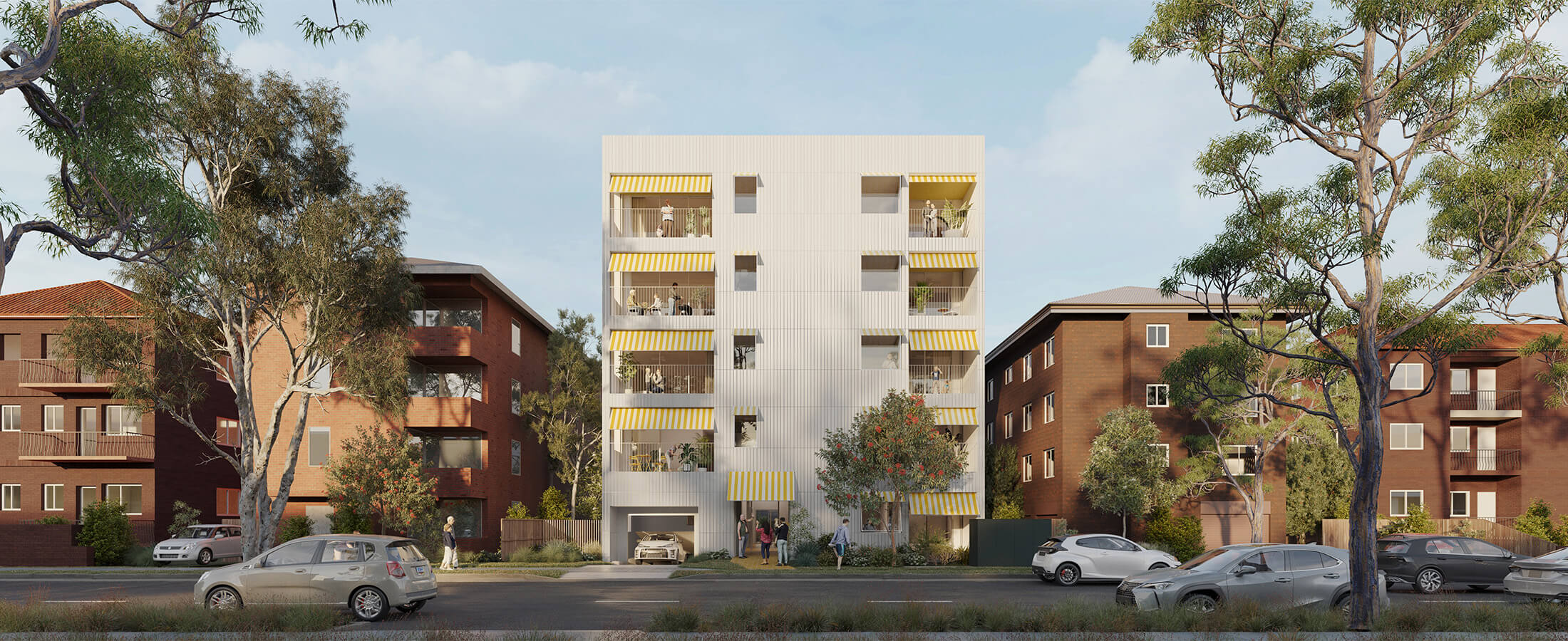 Street view of 5 storey apartment with people interacting on each storey and cars on the road in the foreground.
