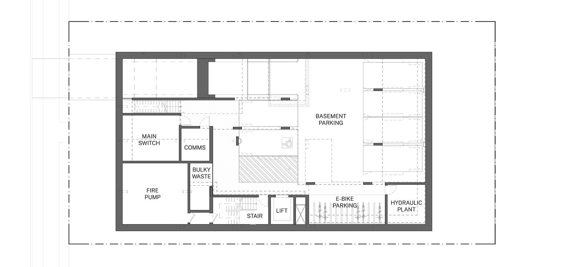 Architectural drawing of the basement plan with parking.