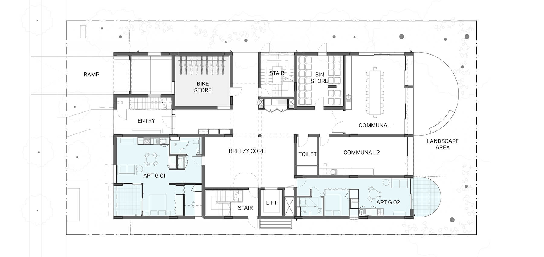 Architectural drawing of the ground floor plan with communal areas, 2 apartments and bike storage. 