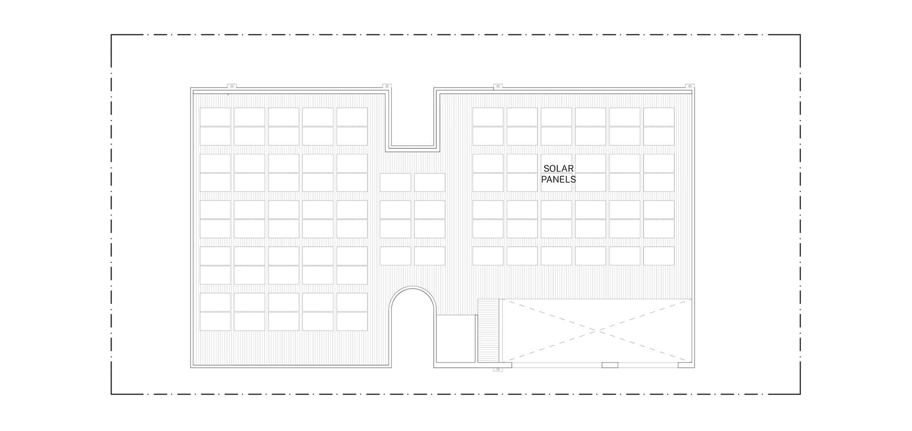 Architectural drawing of the roof plan with solar panels.