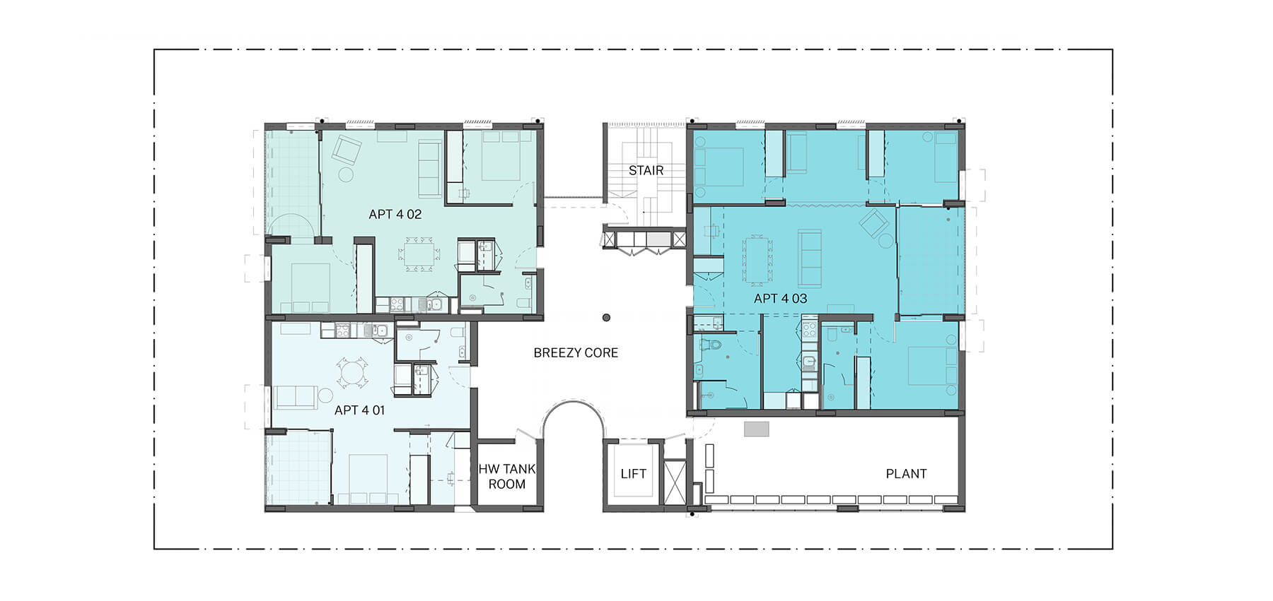 Architectural drawing of the typical top floor plan with 4 apartments.