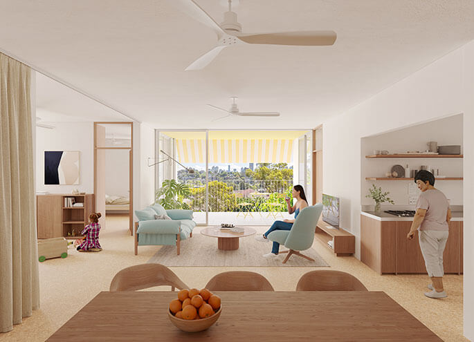 View into living room of apartment from the dining room with two adults and a child playing.