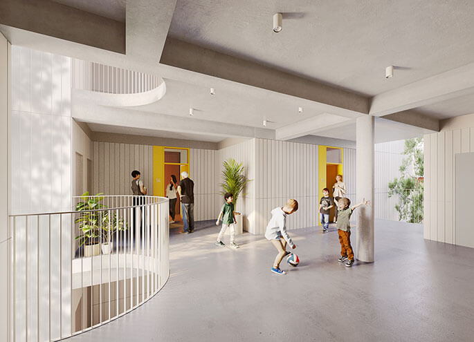 View of sheltered communal area with people interacting and plants in foreground.