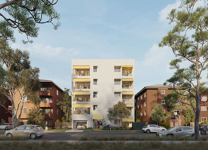 Street view of 5 storey apartment  with two apartment blocks on left and right. 
