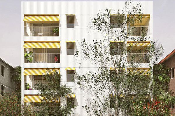 Street view of 5 storey apartment with white cladding and yellow awnings.