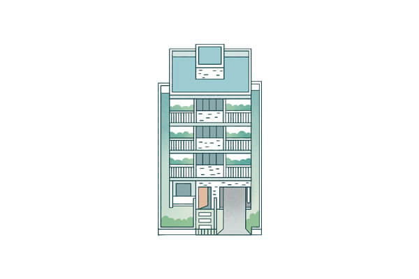 Illustration of small lot apartments in shades of teal, grey and green.