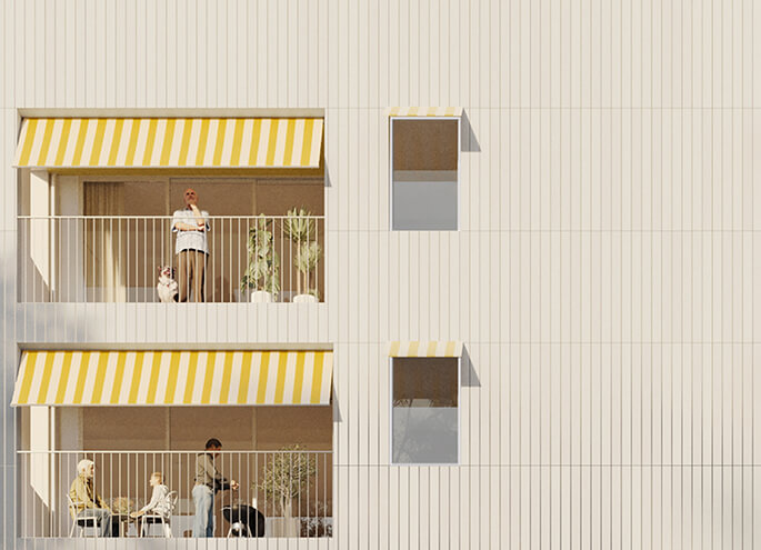 View of two balconies in the side of the building with people socialising.